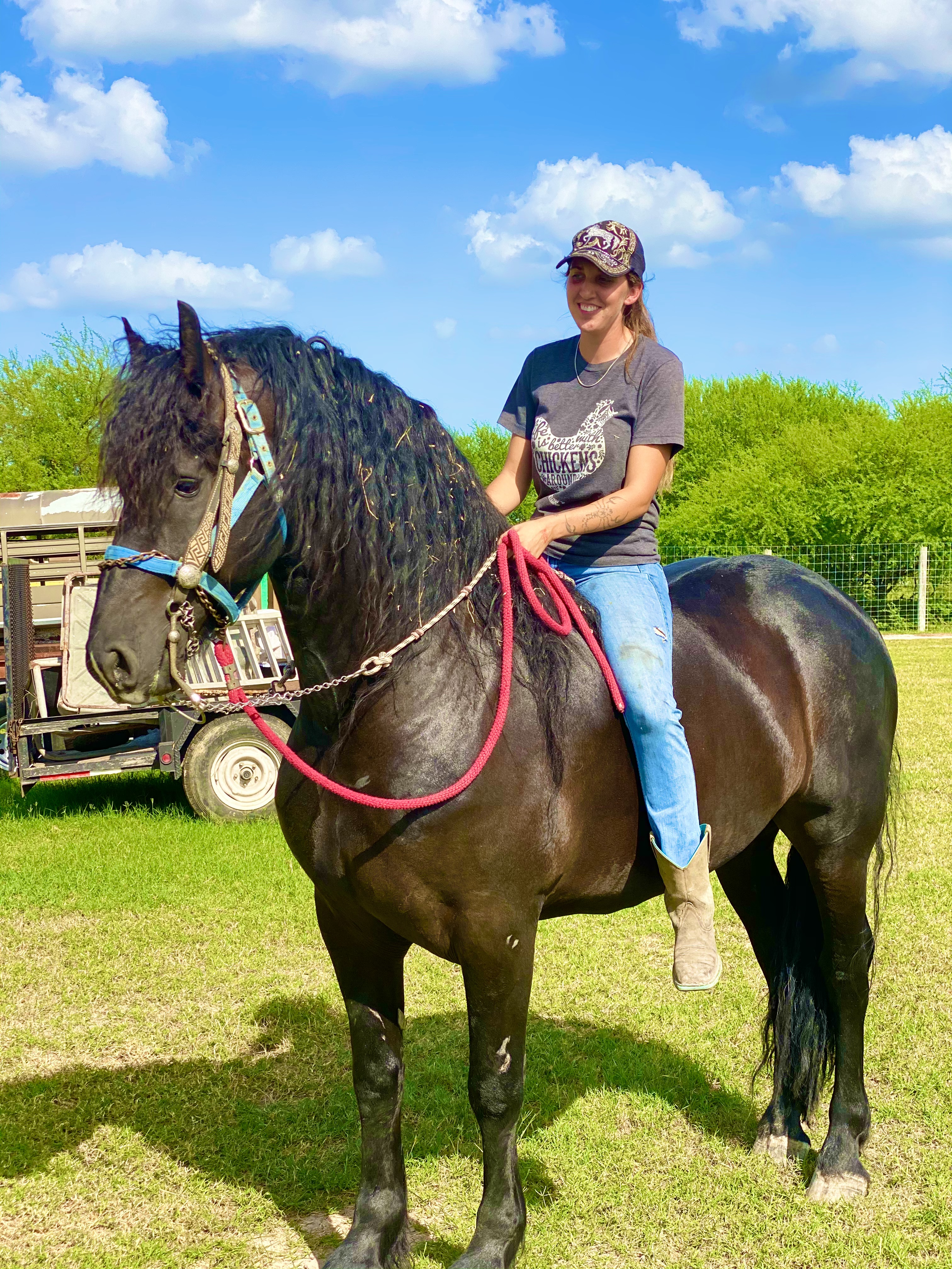 Elise Riding a Black Andalusian Horse